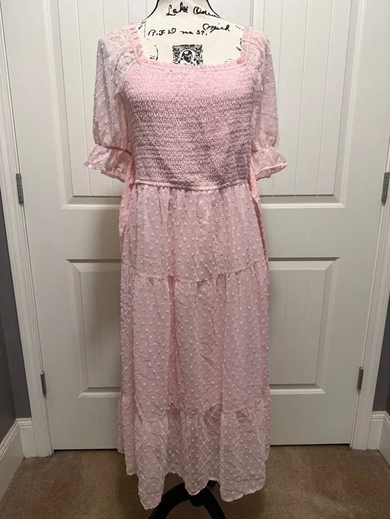Merokeety Puff Sleeve Elastic Smocked Midi Dress. Size L - Picture 1 of 13